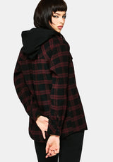 Trellis Hooded Pocket Check Shacket - Burgundy