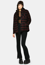 Trellis Hooded Pocket Check Shacket - Burgundy