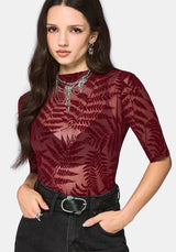 Lunafern Flocked Fern Short Sleeve Mesh Top - Burgundy
