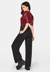 Lunafern Flocked Fern Short Sleeve Mesh Top - Burgundy