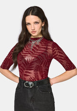 Lunafern Flocked Fern Short Sleeve Mesh Top - Burgundy