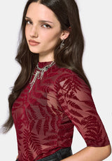 Lunafern Flocked Fern Short Sleeve Mesh Top - Burgundy
