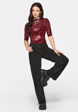Lunafern Flocked Fern Short Sleeve Mesh Top - Burgundy