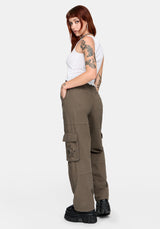 Woman wearing brown cargo pants on a white background