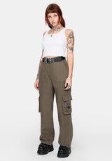 Woman wearing brown cargo pants on a white background