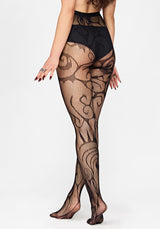 A model wearing sheer black lace tights with a solid black waistband, shown from the back against a light gray studio background.