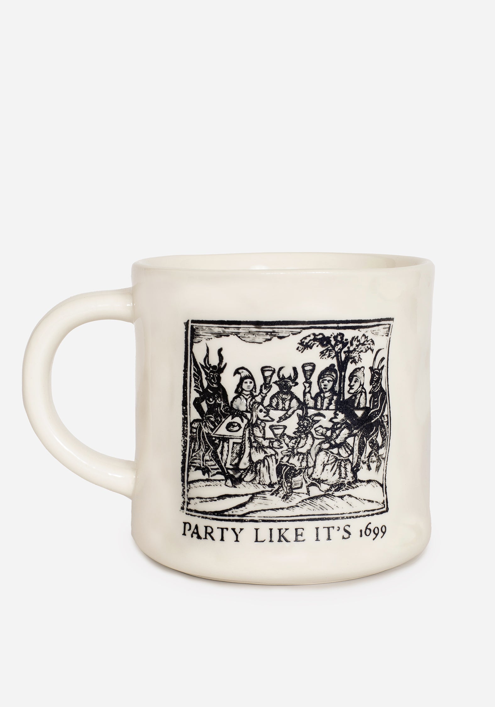 Ivory ceramic mug with a black 18th century woodcut inspired print and the phrase 'PARTY LIKE IT'S 1699' on the front.