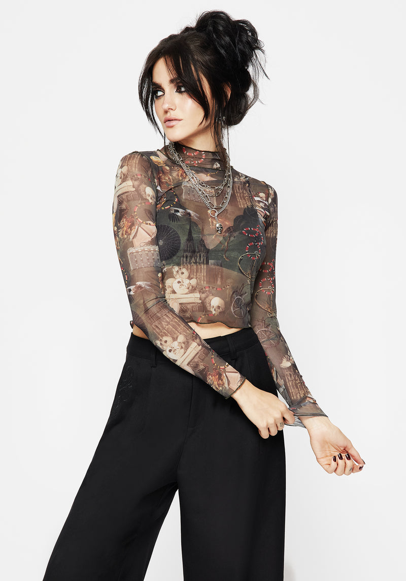 Maleficium Printed Mesh Roll Neck Top