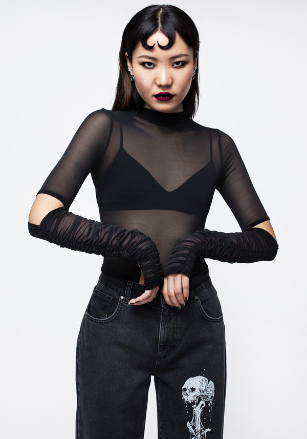Jupiter Mesh Gathered Long Sleeve Crop Top