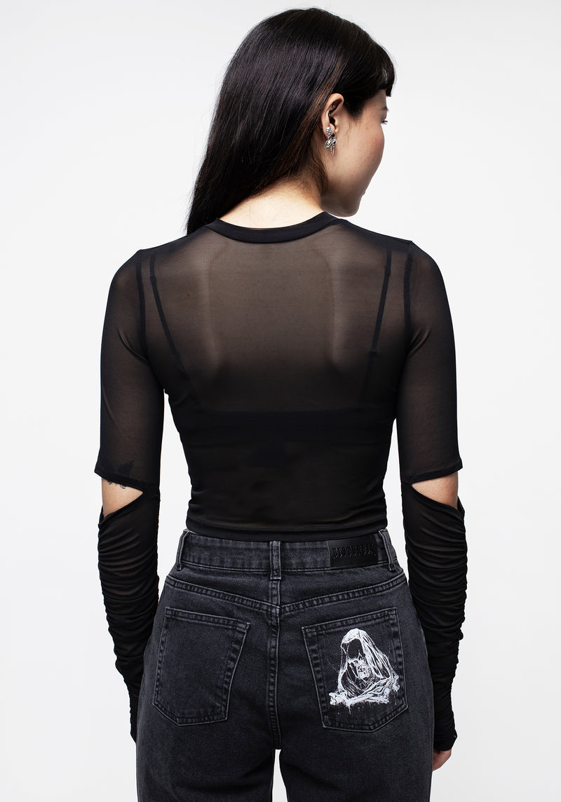 Jupiter Mesh Gathered Long Sleeve Crop Top