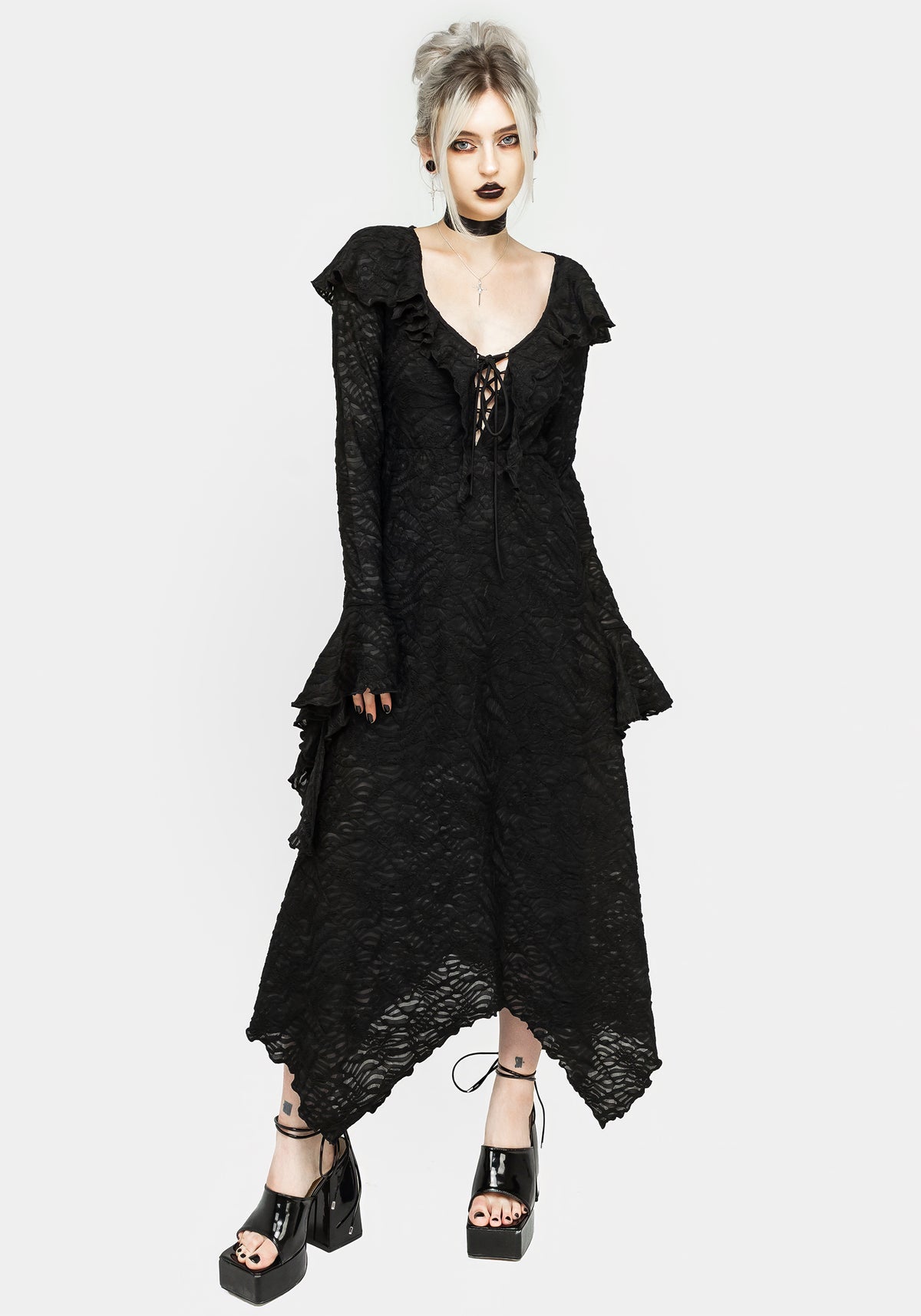 Jessel Distressed Cascade Handkerchief Hem Midi Dress