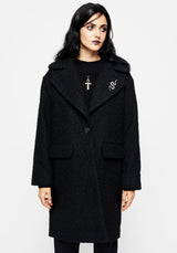 Gorgon Bouclé Oversized Coat with Snake Brooch - Black