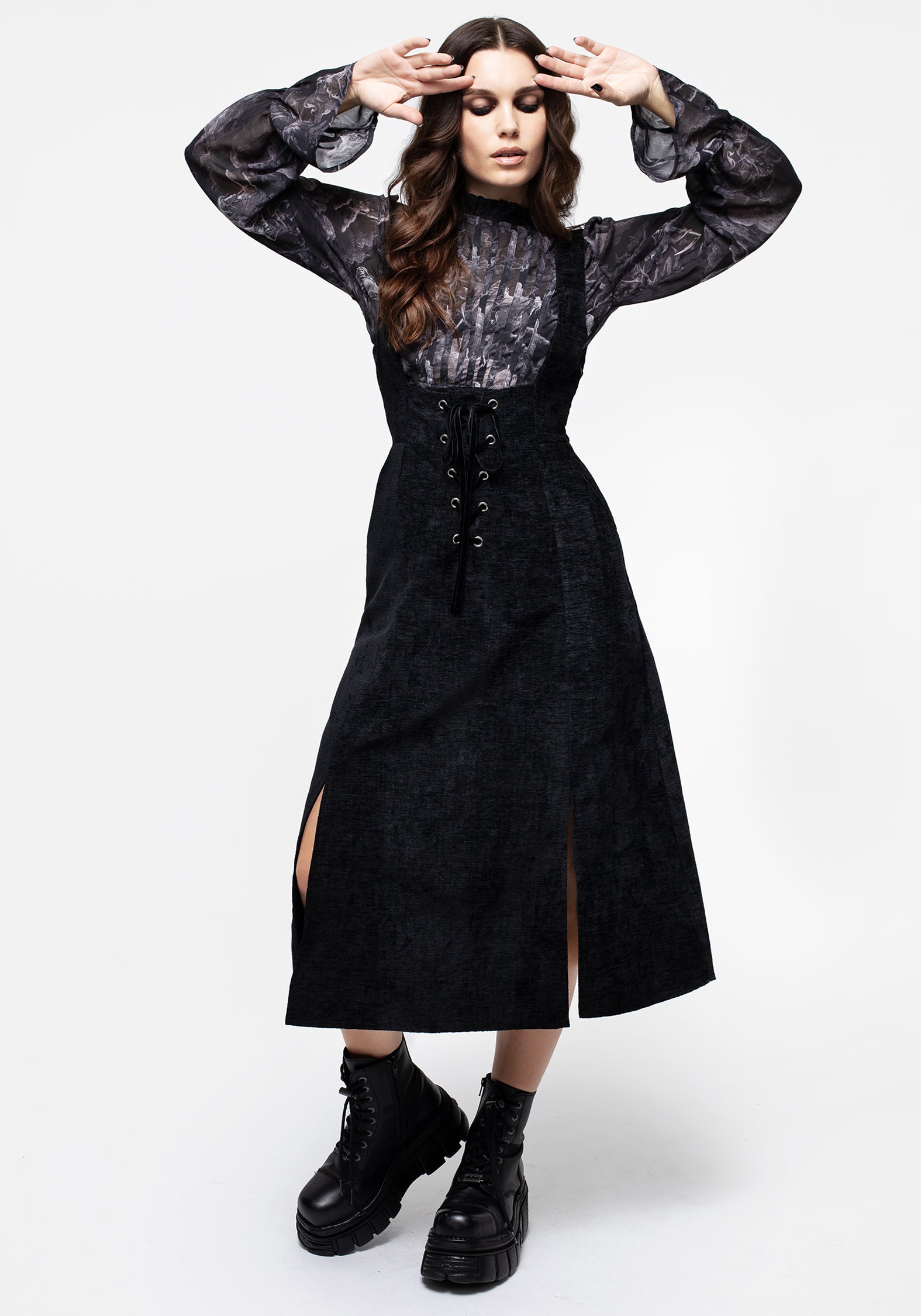 Valar Lace Up Midi Pinafore Dress