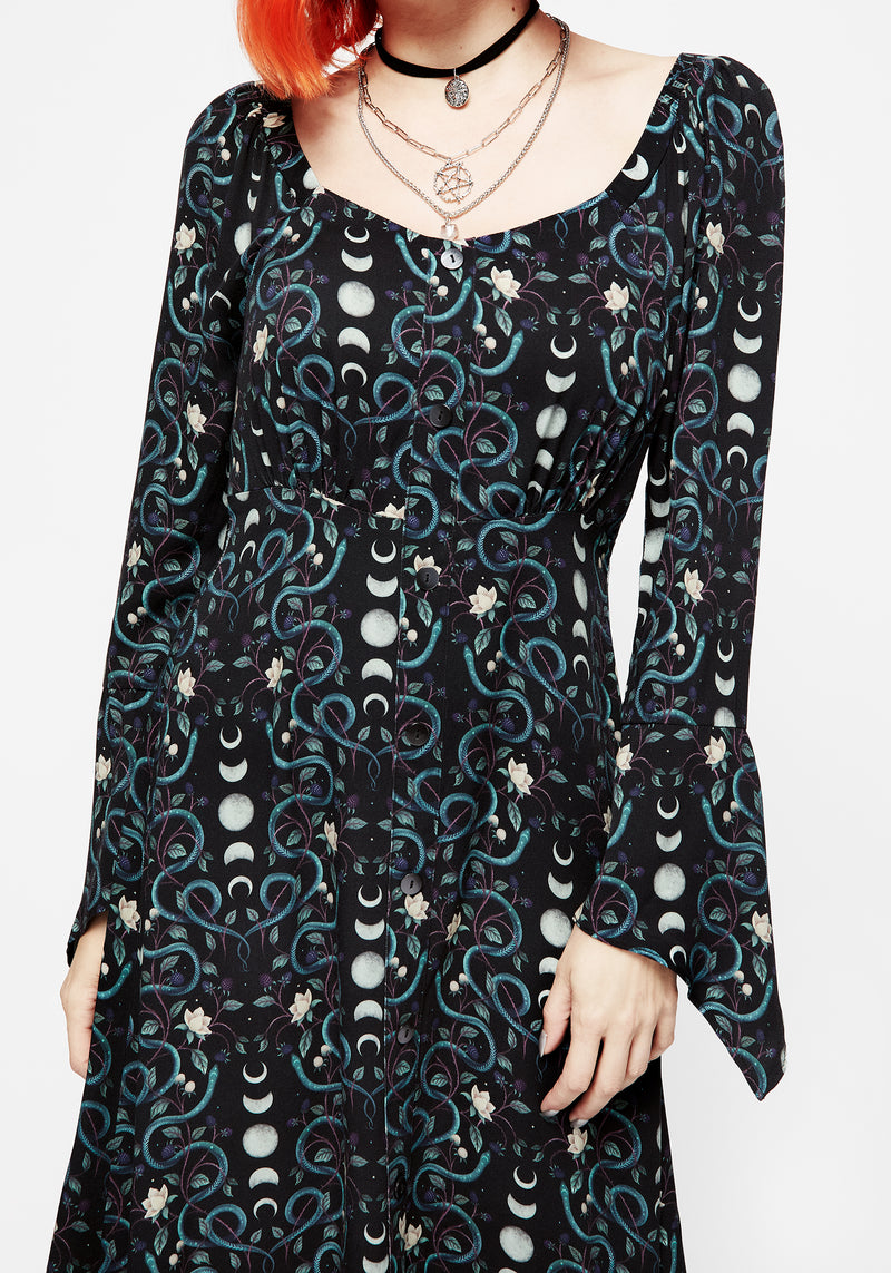 Pythia Print Flute Sleeve Midi Dress