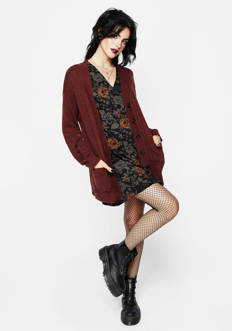 Foxfire Embroidered Cable Knit Longline Cardigan