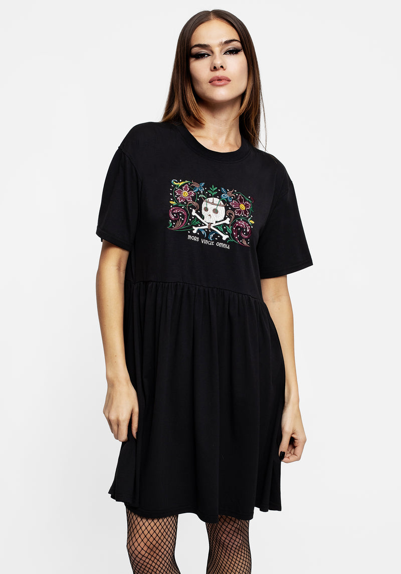 Death Conquers All Floral Skull Embroidered Mini Skater Dress