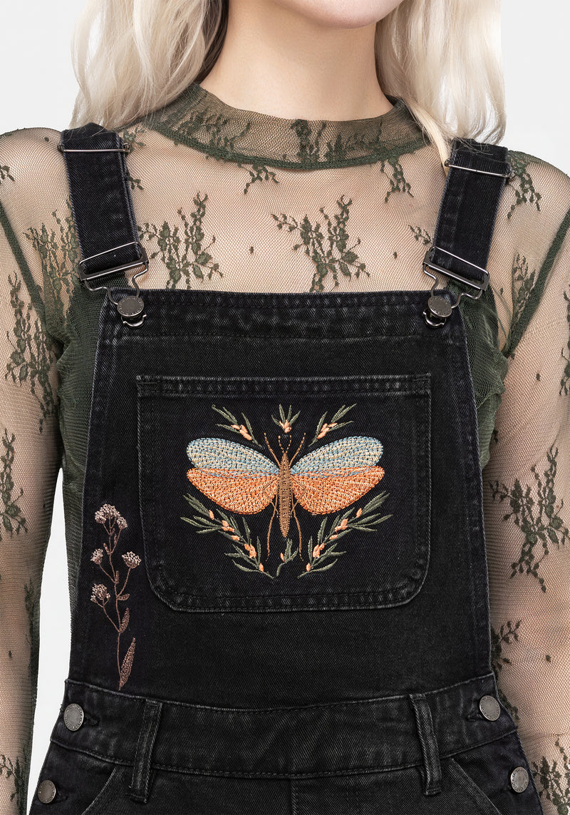 Griffinfly Embroidered Distressed Denim Dungarees