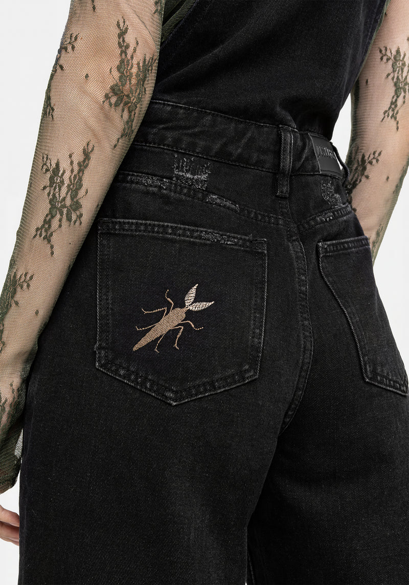 Griffinfly Embroidered Distressed Denim Dungarees