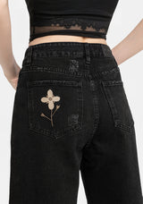 Griffinfly Embroidered Distressed Denim Mom Jeans