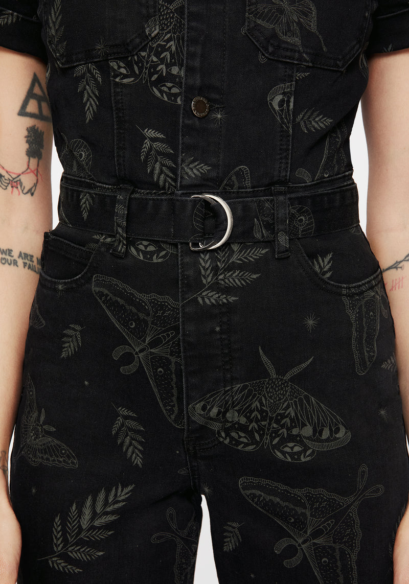 Callopistria Moth Print Denim Jumpsuit