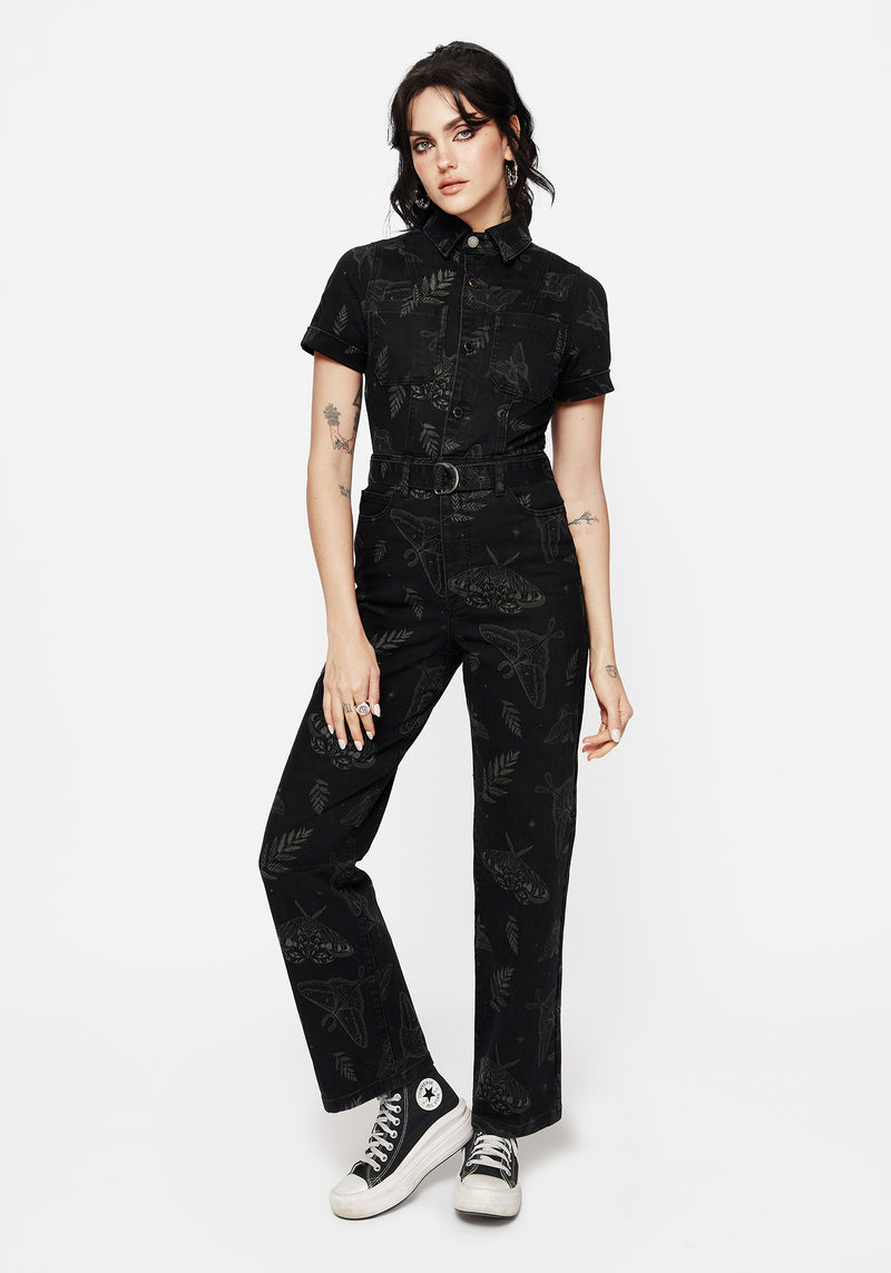Callopistria Moth Print Denim Jumpsuit