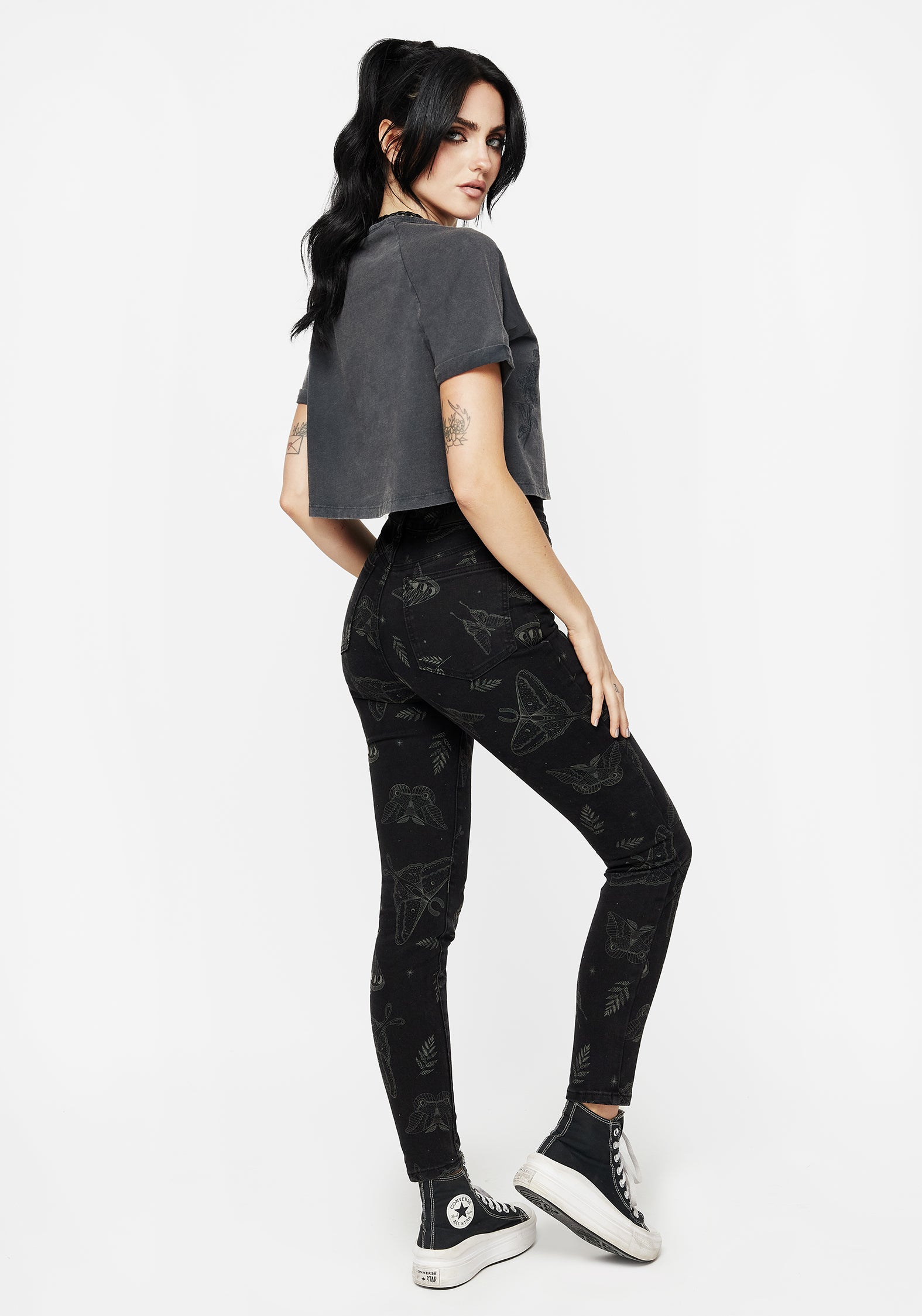 Callopistria Moth Print Denim Skinny Jeans