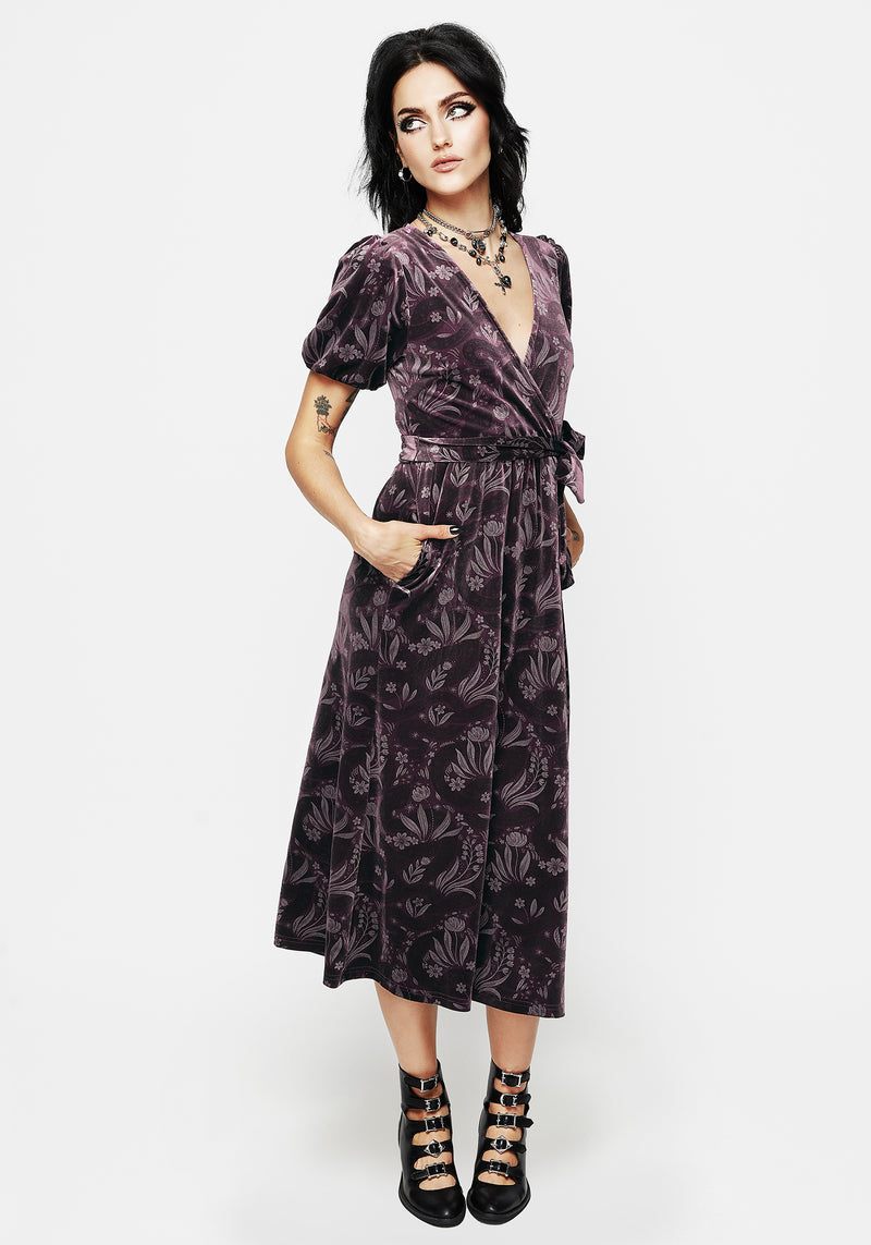 Deception Snake Foil Print Velour Midi Wrap Dress