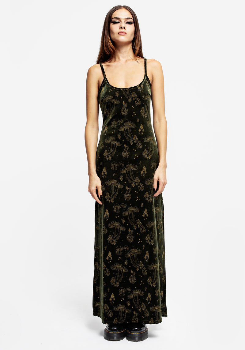 Faefire Foil Print Velour Maxi Slip Gown - Green