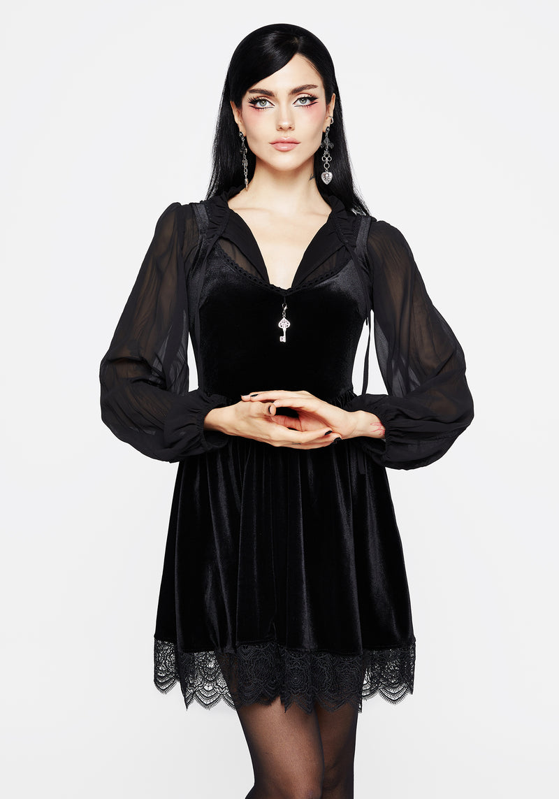 Orbweb Lace Hem Velour Mini Dress