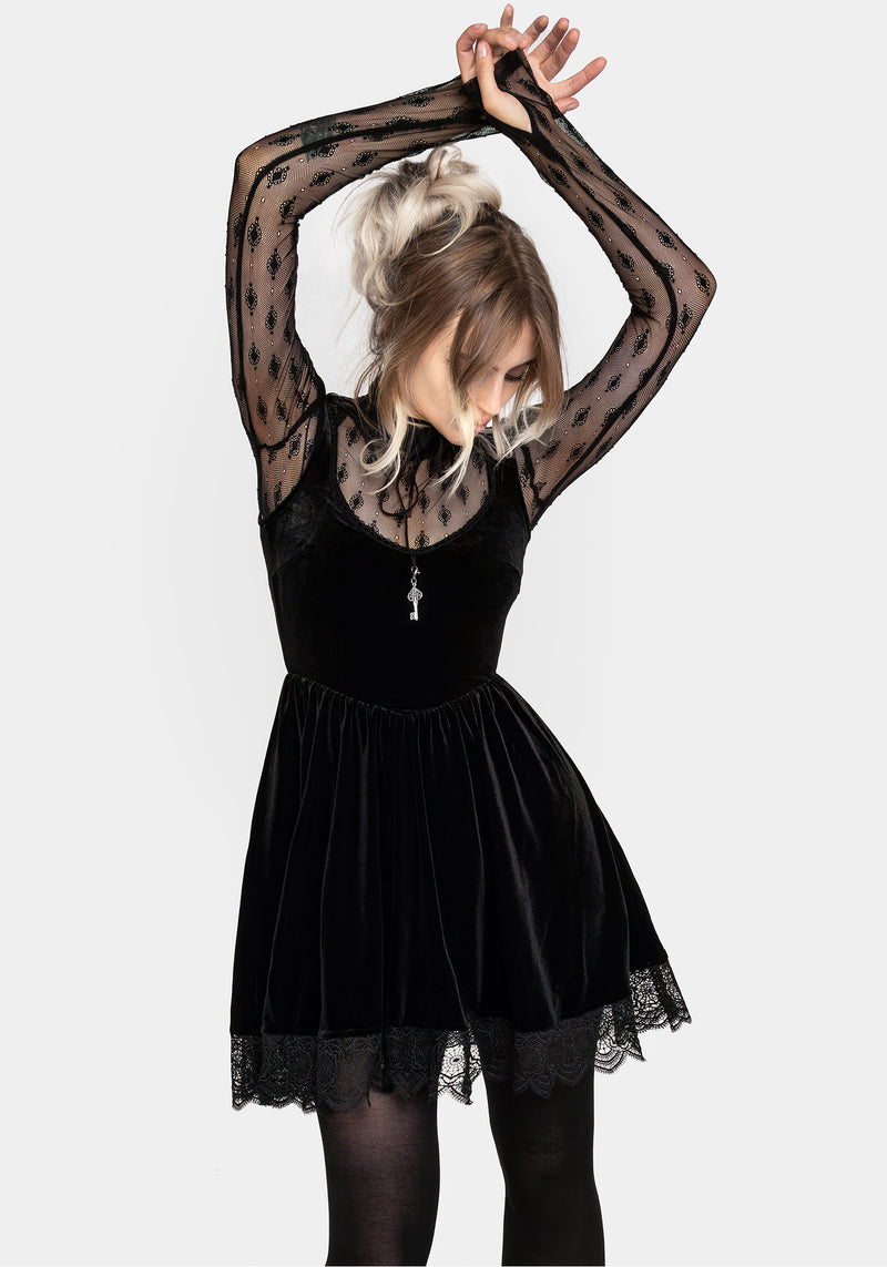 Orbweb Lace Hem Velour Mini Dress