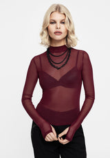 Necrosis Mesh High Neck Long Sleeve Top - Red