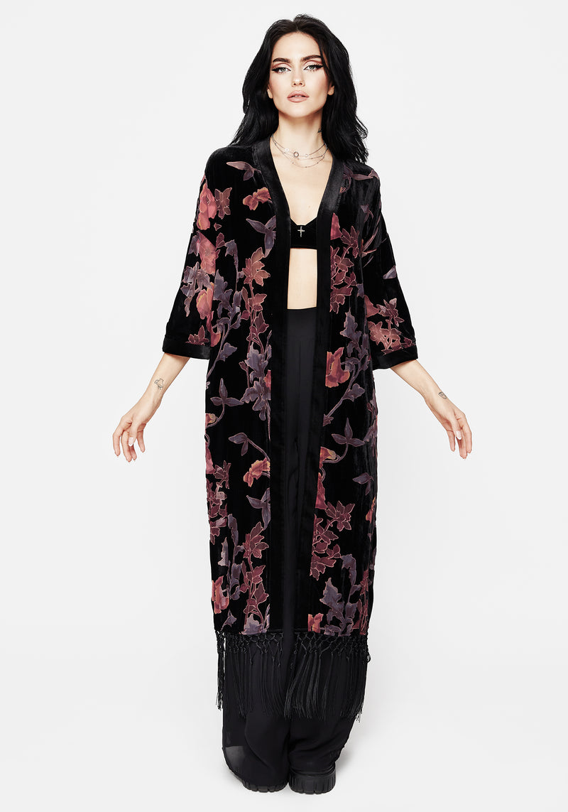 Waterlily Burnout Fringe Trim Longline Kimono