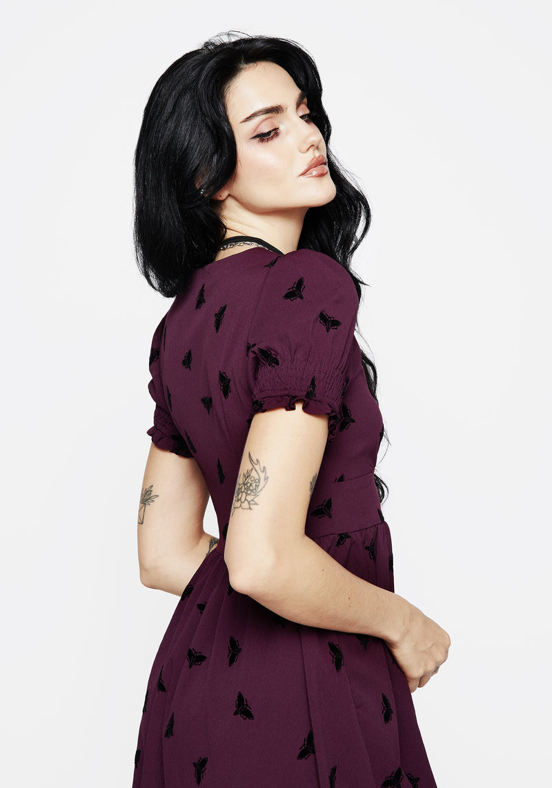 Styx Moth Flocked Velour Print Midi Dress