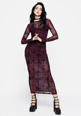 Priestess Flocked Mesh Maxi Dress - Purple