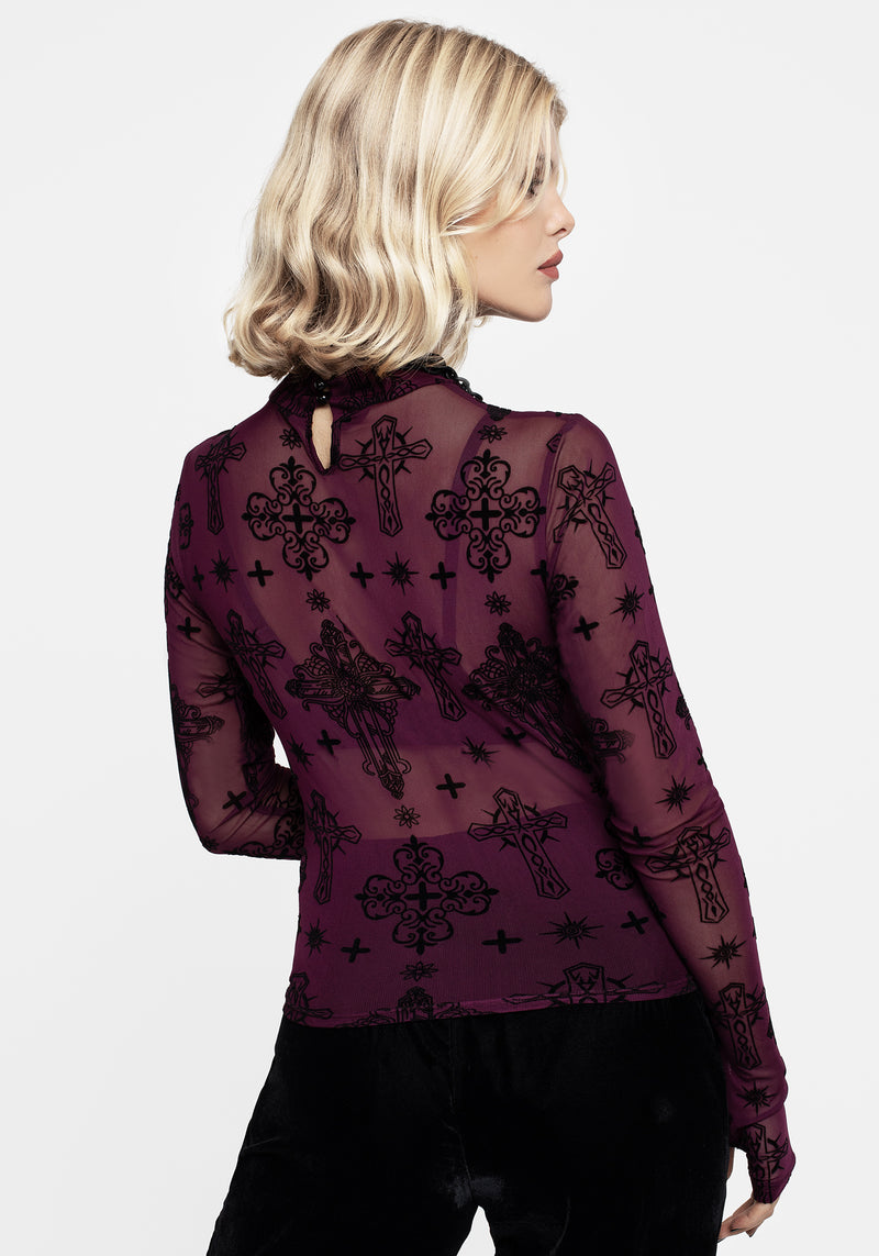 Priestess Flocked Mesh Top - Purple