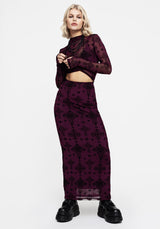 Priestess Flocked Mesh Maxi Skirt - Purple