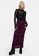 Priestess Flocked Mesh Maxi Skirt - Purple