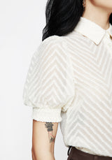 Chevron Button Up Blouse Top - White