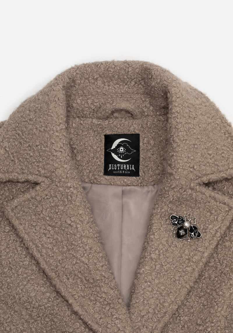 Gorgon Bouclé Longline Oversized Coat with Bee Brooch - Taupe