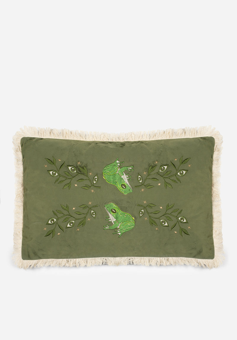 Swamplife Embroidered Velour Rectangle Fringe Cushion