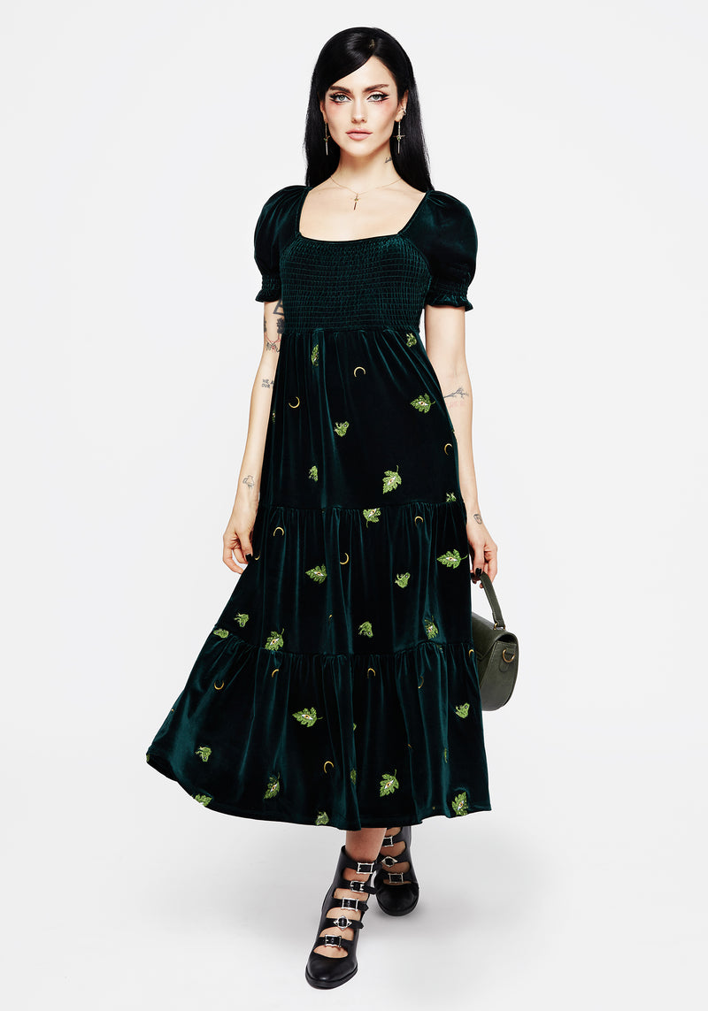 Swamplife Frog Embroidered Velour Tiered Midi Dress