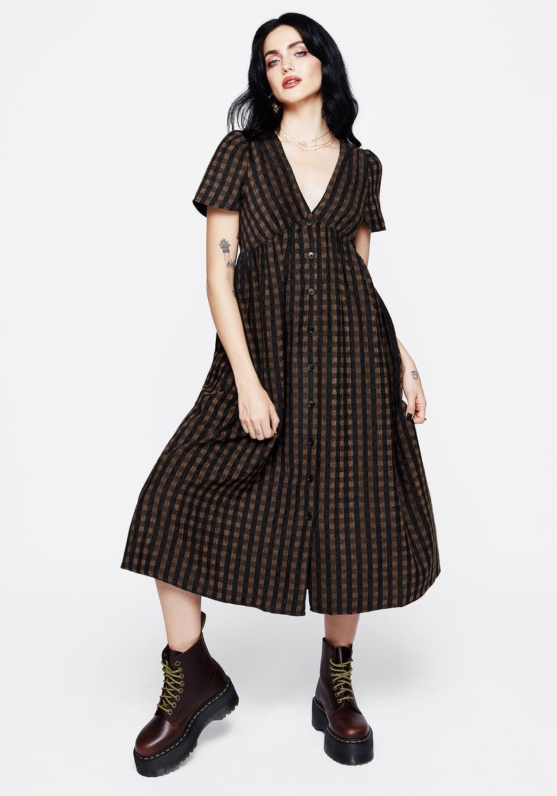 Rydal Check Button Up Midi Dress - Brown