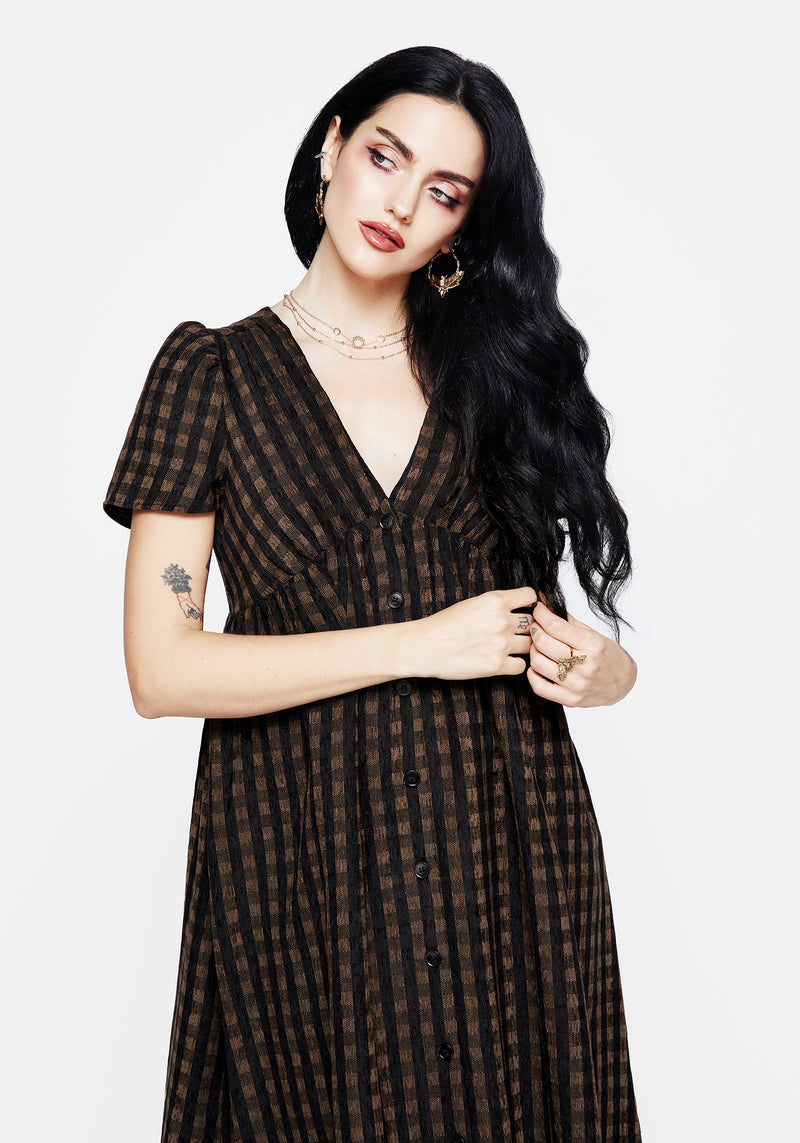 Rydal Check Button Up Midi Dress - Brown