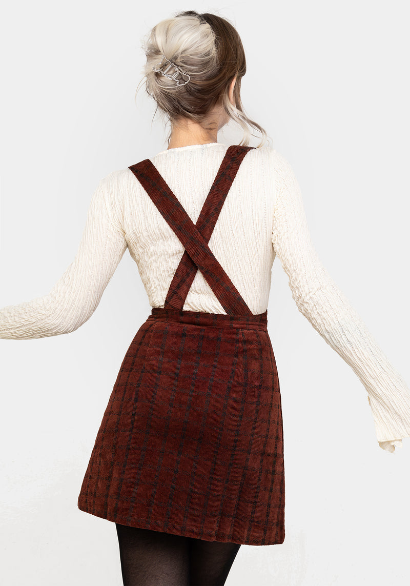 Terracotta Check Cord Mini Pinafore Skirt