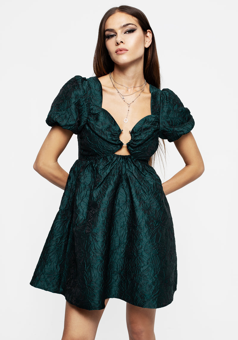 Tiffany Jacquard Puff Sleeve Mini Dress - Green