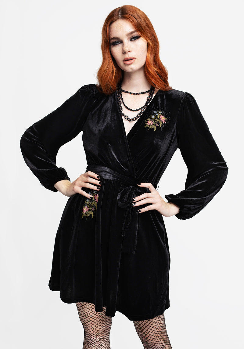 Cleome Floral Spiderweb Embroidered Velour Faux Wrap Mini Dress