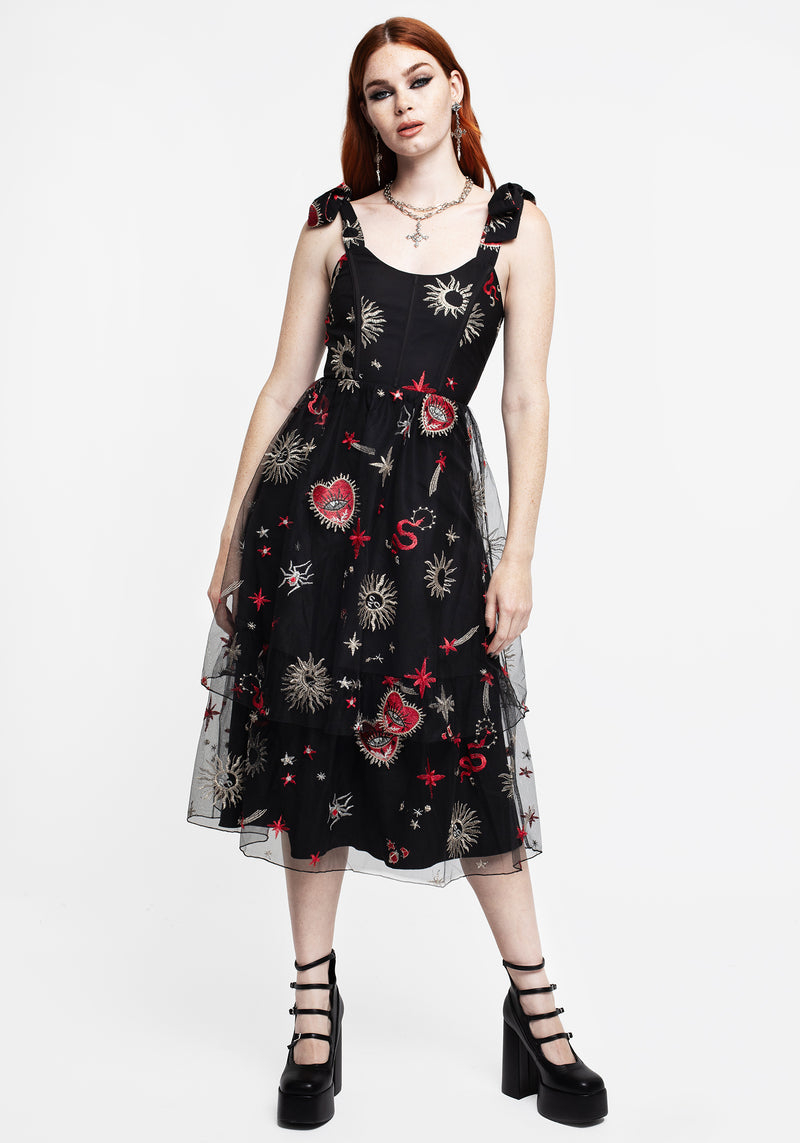 Bloodlust Embroidered Corset Midi Dress