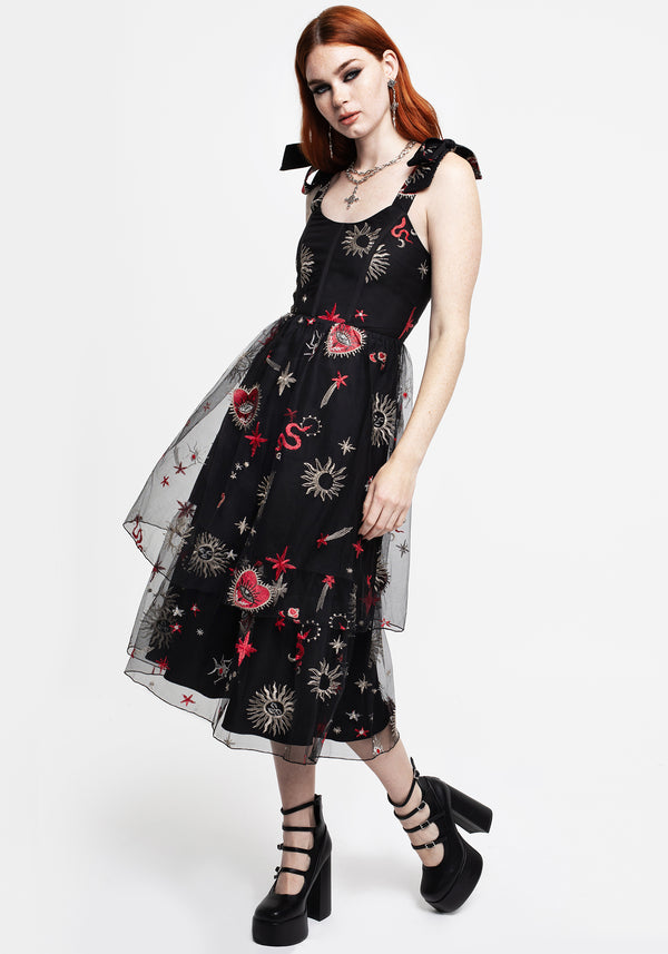 Bloodlust Embroidered Corset Midi Dress