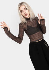 Myra Textured Mesh High Neck Long Sleeve Top