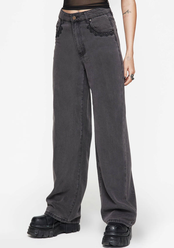 Nara Wide Leg Distressed Gothic Embroidery Jeans